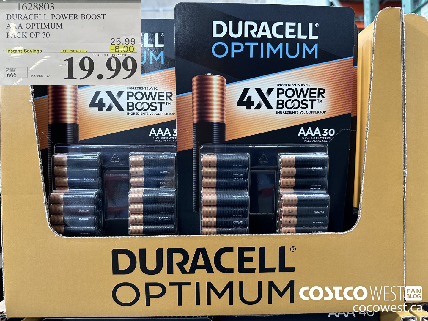 1628803 DURACELL POWER BOOST AAA OPTIMUM PACK OF 30 ($6.00 INSTANT SAVINGS EXPIRES ON 2024-05-05) $19.99