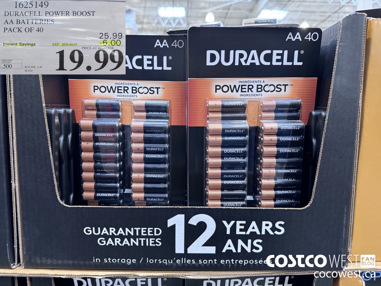 1625149 DURACELL POWER BOOST AA BATTERIES PACK OF 40 ($6.00 INSTANT SAVINGS EXPIRES ON 2024-04-07) $19.99