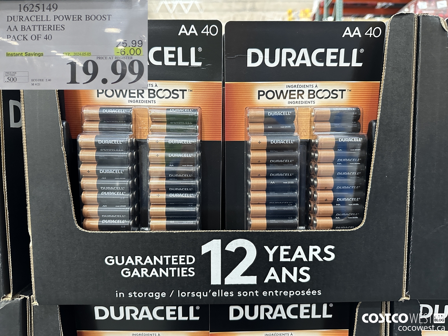 1625149 DURACELL POWER BOOST AA BATTERIES PACK OF 40 ($6.00 INSTANT SAVINGS EXPIRES ON 2024-05-05) $19.99