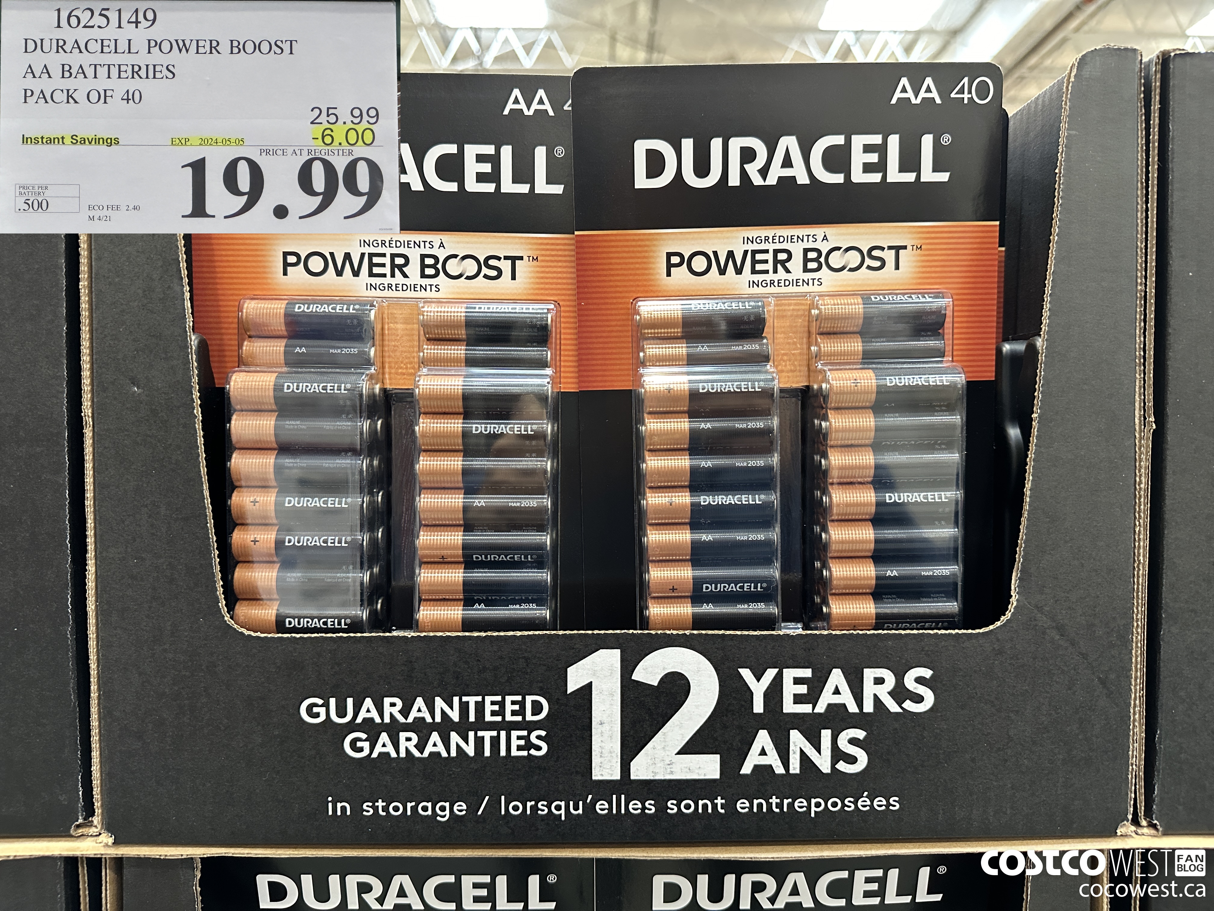1625149 DURACELL POWER BOOST AA BATTERIES PACK OF 40 ($6.00 INSTANT SAVINGS EXPIRES ON 2024-05-05) $19.99