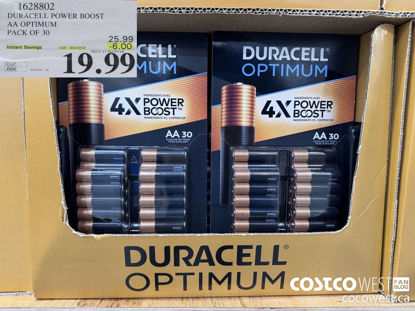 1628802 DURACELL POWER BOOST AA OPTIMUM PACK OF 30 ($6.00 INSTANT SAVINGS EXPIRES ON 2024-05-05) $19.99