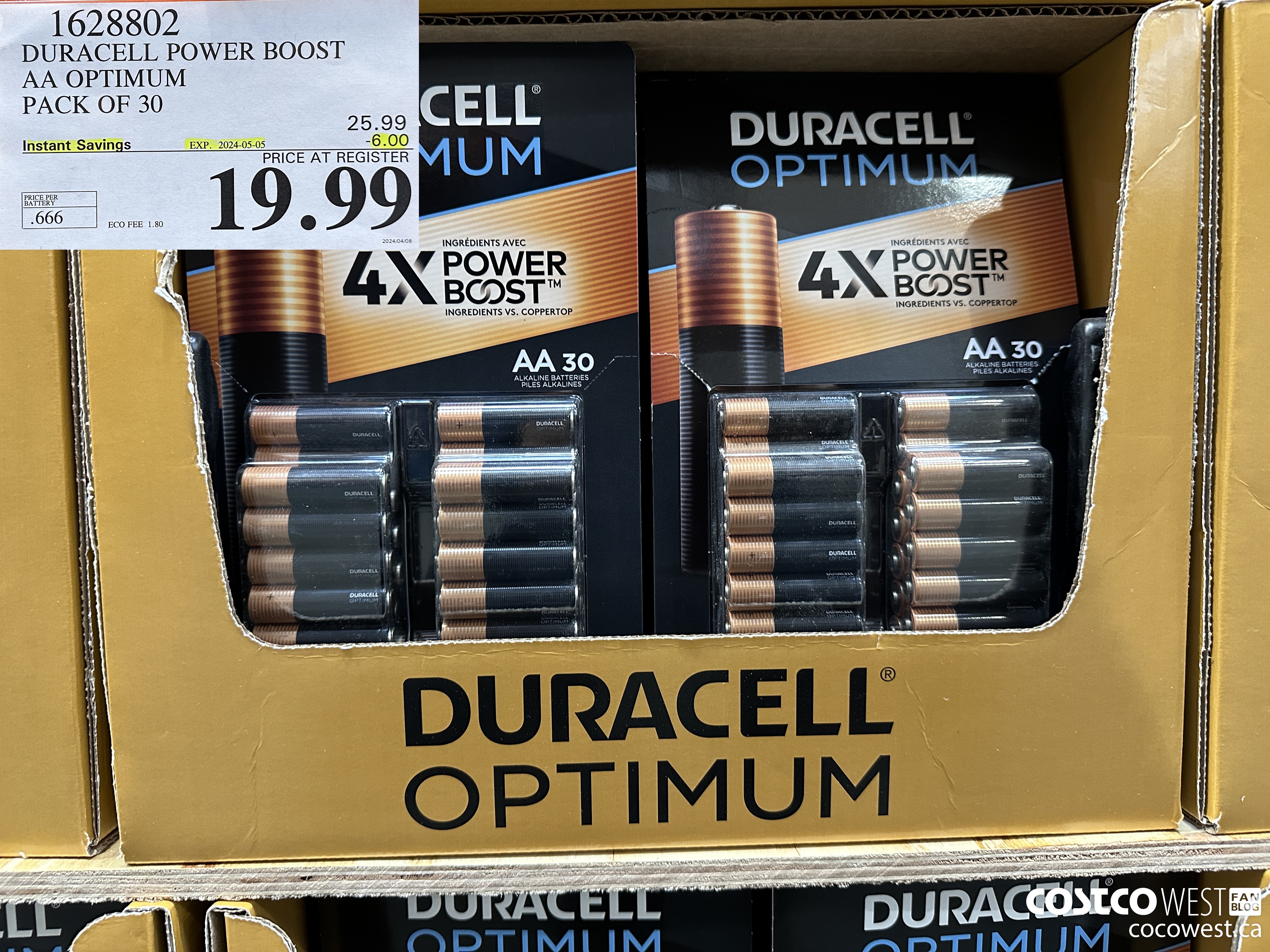 1628802 DURACELL POWER BOOST AA OPTIMUM PACK OF 30 ($6.00 INSTANT SAVINGS EXPIRES ON 2024-05-05) $19.99