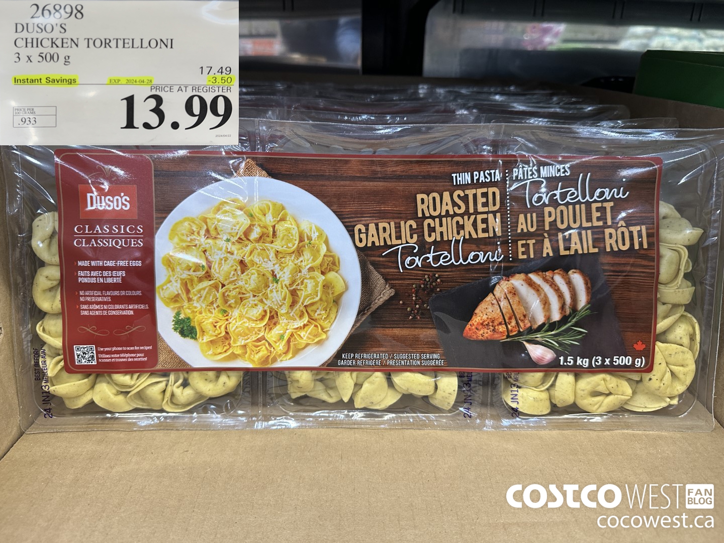 26898 DUSO'S CHICKEN TORTELLONI 3 x 500 g ($3.50 INSTANT SAVINGS EXPIRES ON 2024-04-28) $13.99