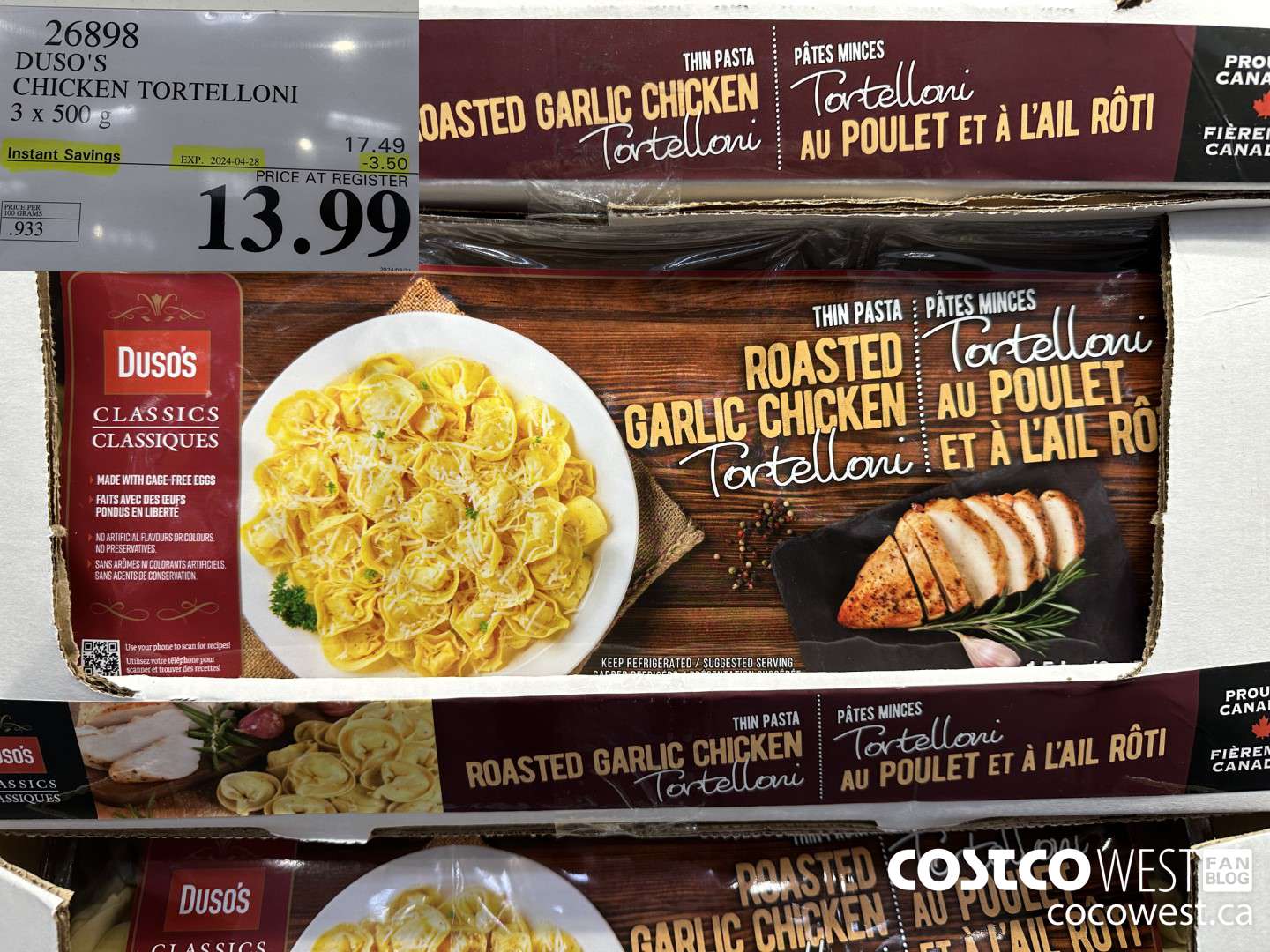 26898 DUSO'S CHICKEN TORTELLONI 3 x 500 g ($3.50 INSTANT SAVINGS EXPIRES ON 2024-04-28) $13.99