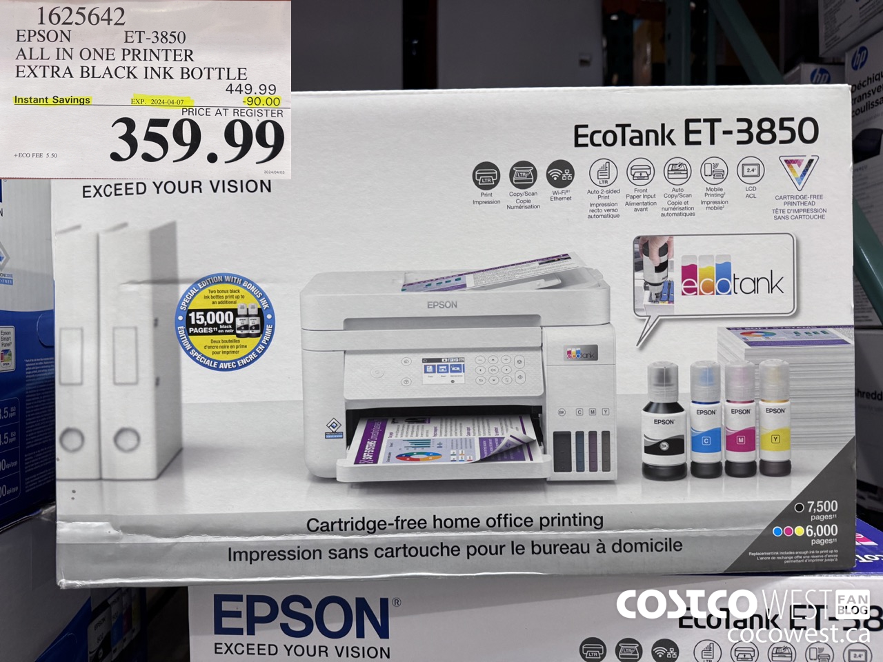 1625642 EPSON ET-3850 ALL IN ONE PRINTER EXTRA BLACK INK BOTTLE ($90.00 INSTANT SAVINGS EXPIRES ON 2024-04-07) $359.99