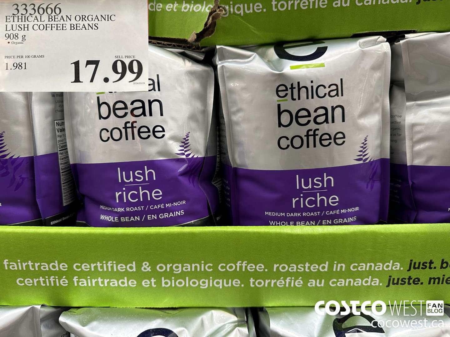 333666 ETHICAL BEAN ORGANIC LUSH COFFEE BEANS 908 g $13.99