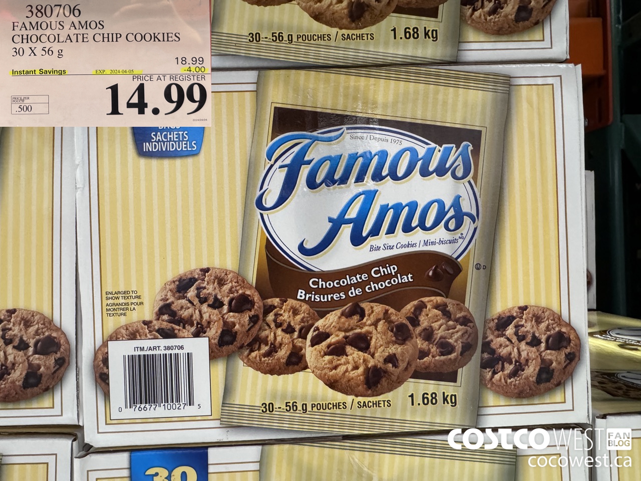 380706 FAMOUS AMOS CHOCOLATE CHIP COOKIES 30 X 56 g ($4.00 INSTANT SAVINGS EXPIRES ON 2024-04-05) $14.99