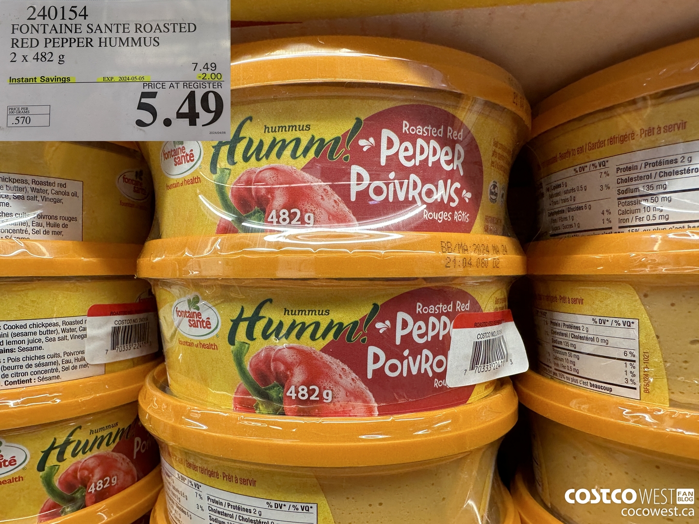 240154 FONTAINE SANTE ROASTED RED PEPPER HUMMUS 2 X 482 G ($2.00 INSTANT SAVINGS EXPIRES ON 2024-05-05) $5.49