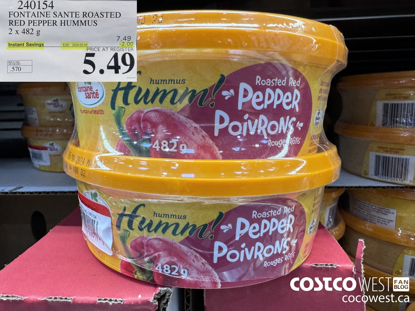 240154 FONTAINE SANTE ROASTED RED PEPPER HUMMUS 2 X 482 G ($2.00 INSTANT SAVINGS EXPIRES ON 2024-05-05) $5.49