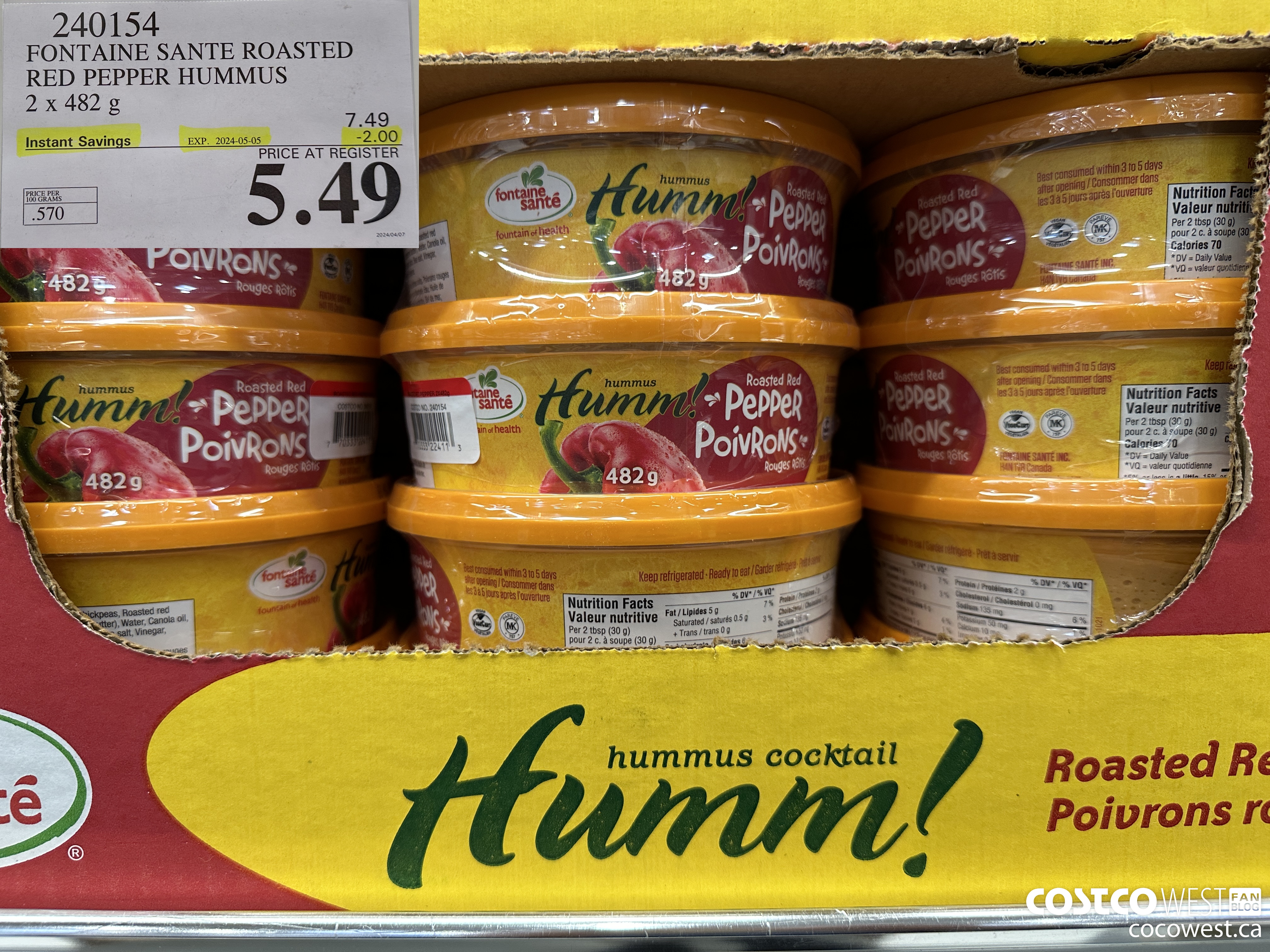 240154 FONTAINE SANTE ROASTED RED PEPPER HUMMUS 2 X 482 G ($2.00 INSTANT SAVINGS EXPIRES ON 2024-05-05) $5.49