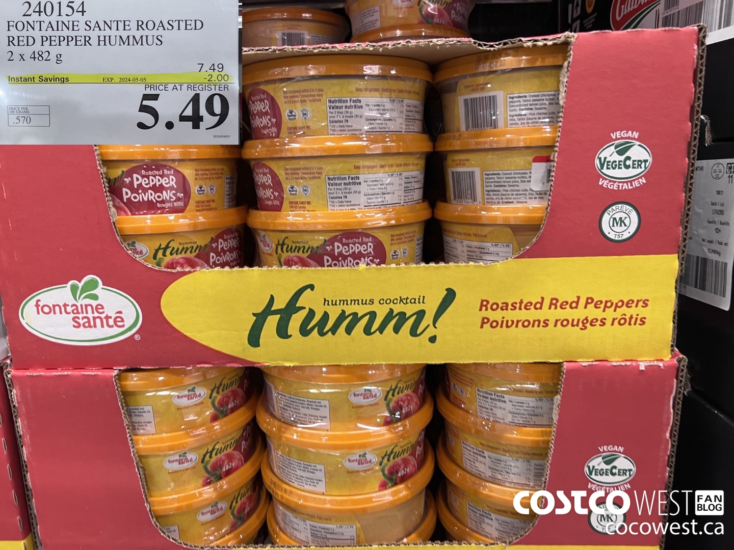 240154 FONTAINE SANTE ROASTED RED PEPPER HUMMUS 2 X 482 G ($2.00 INSTANT SAVINGS EXPIRES ON 2024-05-05) $5.49