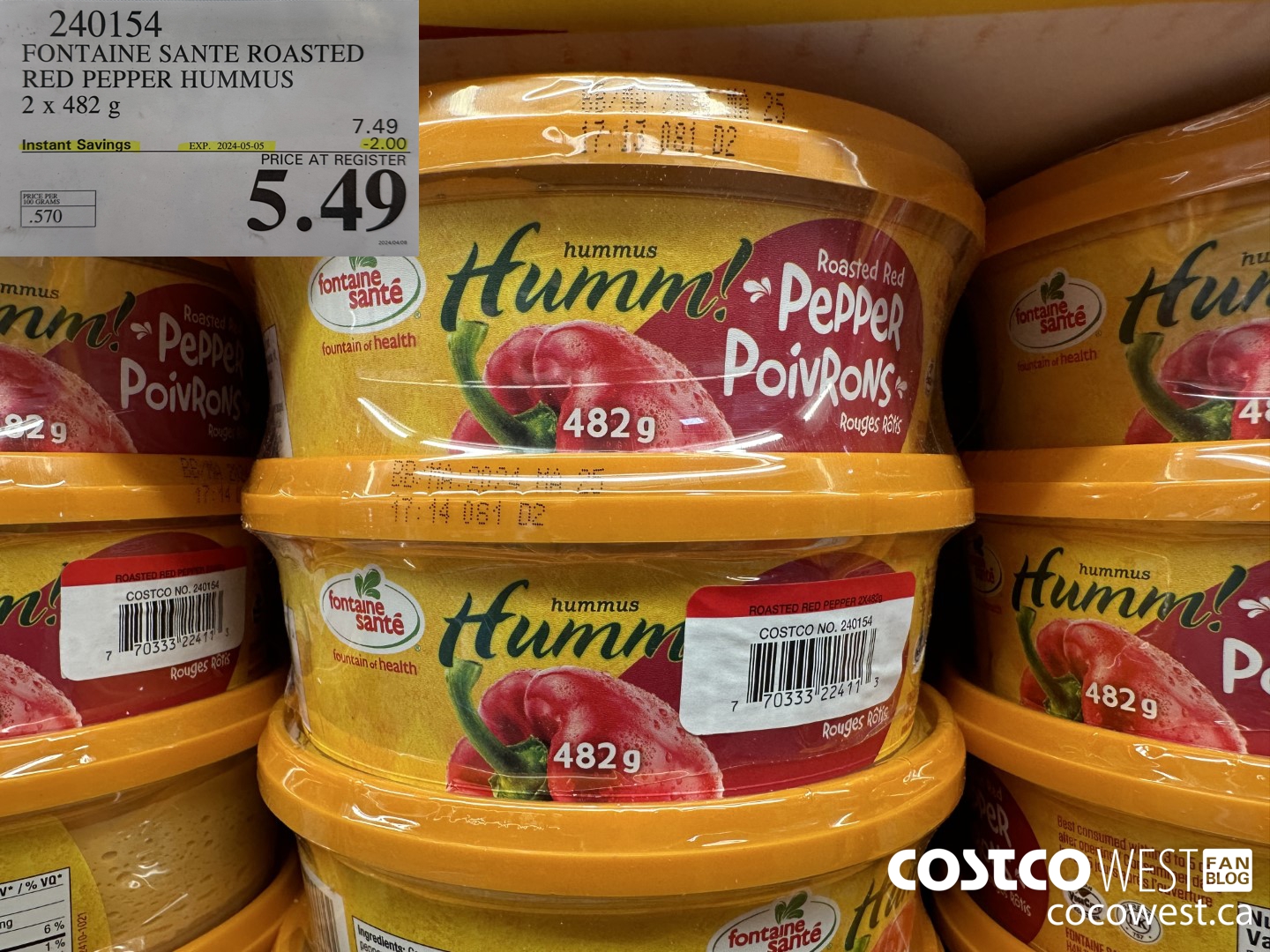 240154 FONTAINE SANTE ROASTED RED PEPPER HUMMUS 2 X 482 G ($2.00 INSTANT SAVINGS EXPIRES ON 2024-05-05) $5.49