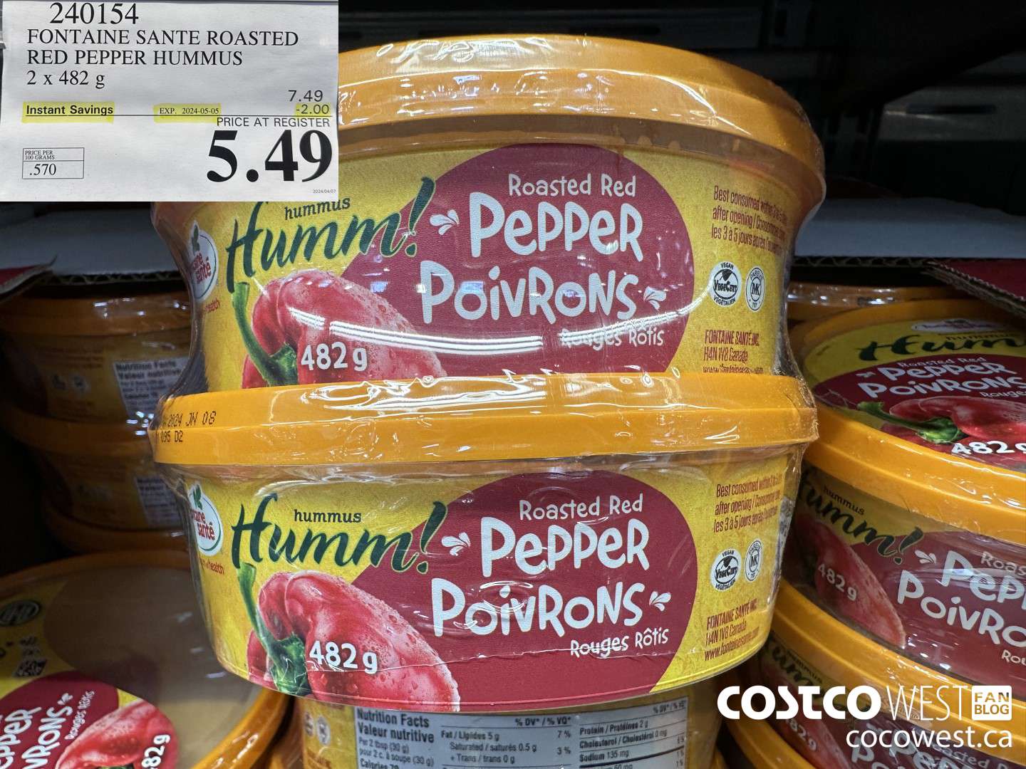 240154 FONTAINE SANTE ROASTED RED PEPPER HUMMUS 2 X 482 G ($2.00 INSTANT SAVINGS EXPIRES ON 2024-05-05) $5.49