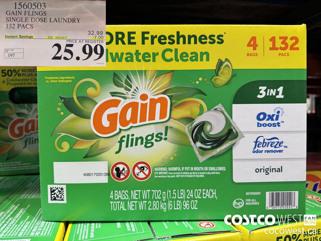 1560503 GAIN FLINGS SINGLE DOSE LAUNDRY 132 pacs ($7.00 INSTANT SAVINGS EXPIRES ON 2024-04-07) $25.99