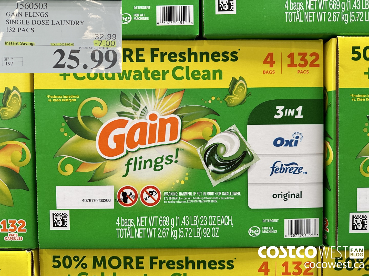 1560503 GAIN FLINGS SINGLE DOSE LAUNDRY 132 pacs ($7.00 INSTANT SAVINGS EXPIRES ON 2024-05-05) $25.99