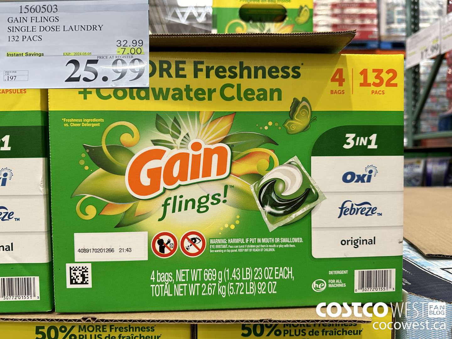 1560503 GAIN FLINGS SINGLE DOSE LAUNDRY 132 pacs ($7.00 INSTANT SAVINGS EXPIRES ON 2024-05-05) $25.99