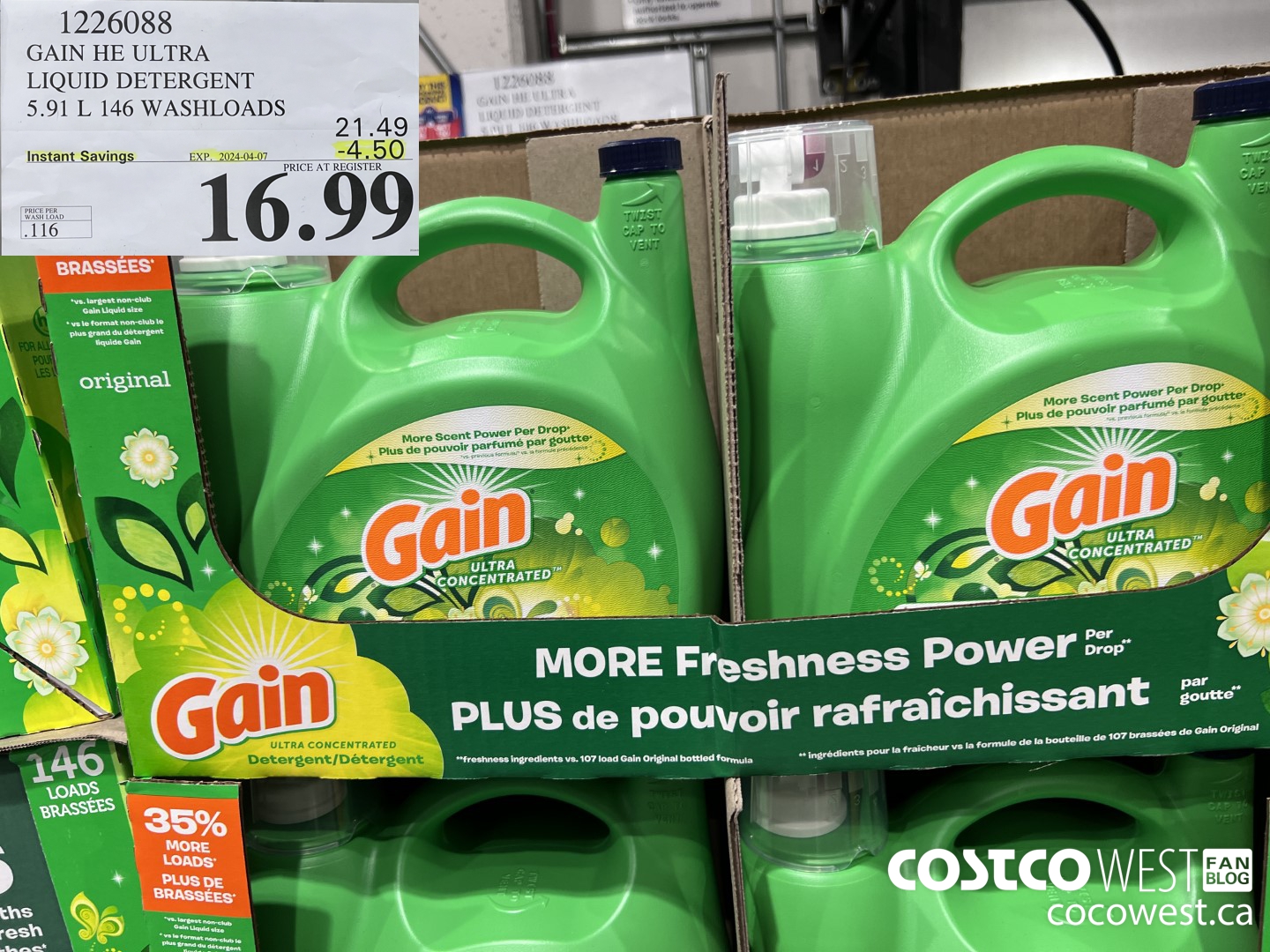 1226088 GAIN HE ULTRA LIQUID DETERGENT 5.91 L 146 WASHLOADS ($4.50 INSTANT SAVINGS EXPIRES ON 2024-04-07) $16.99