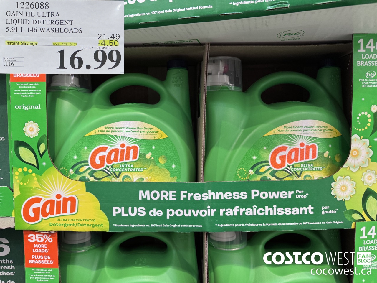 1226088 GAIN HE ULTRA LIQUID DETERGENT 5.91 L 146 WASHLOADS ($4.50 INSTANT SAVINGS EXPIRES ON 2024-04-07) $16.99