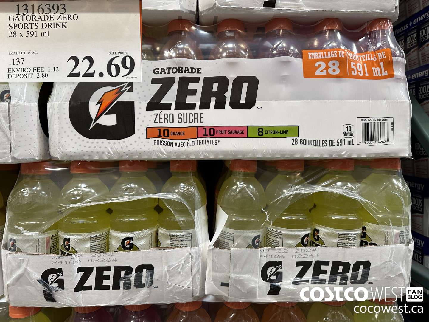 1316393 GATORADE ZERO SPORTS DRINK 28 x 591 ml $22.69