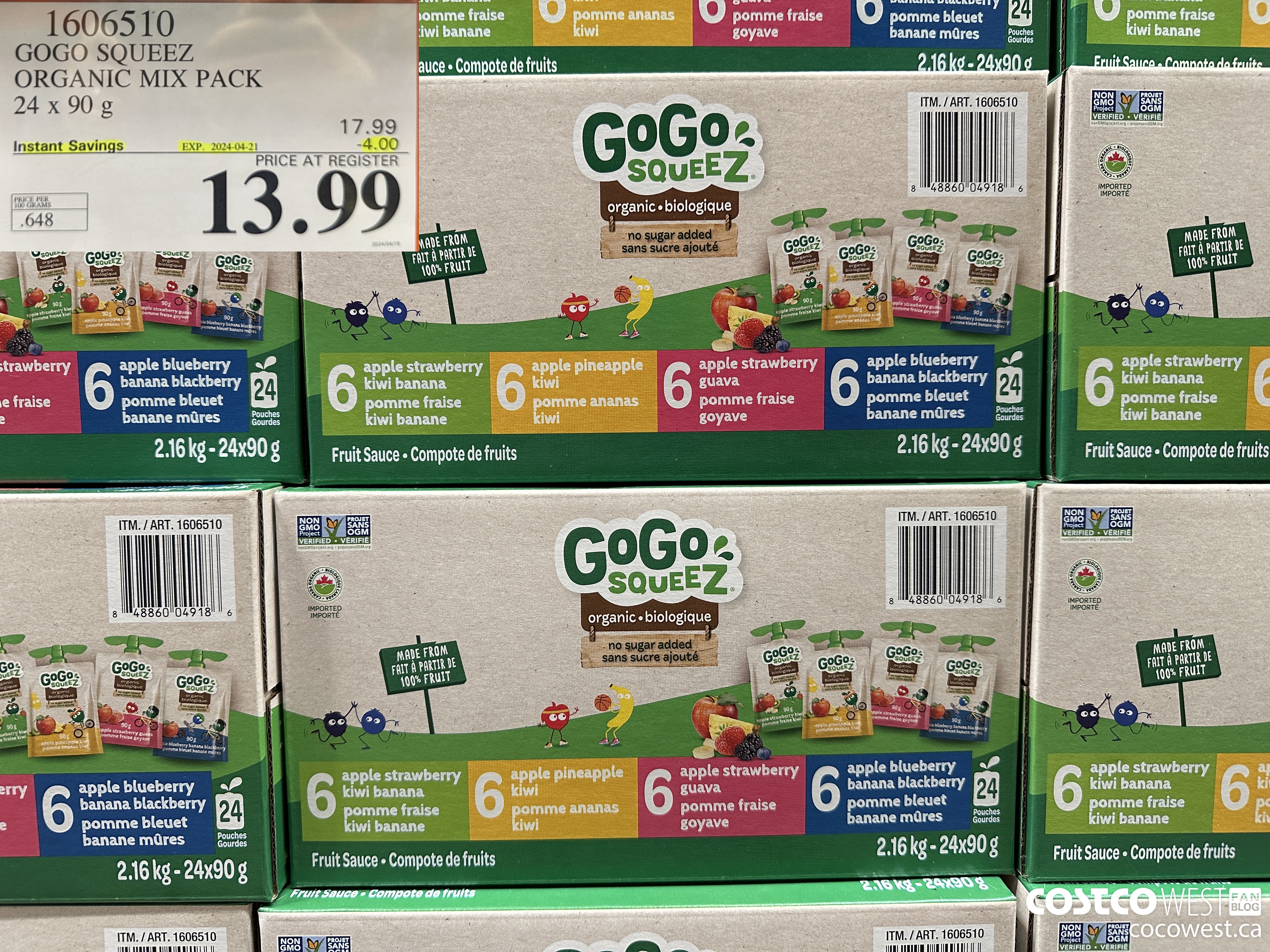 1606510 GOGO SQUEEZ ORGANIC MIX PACK 24 X 90 G ($4.00 INSTANT SAVINGS EXPIRES ON 2024-04-21) $13.99