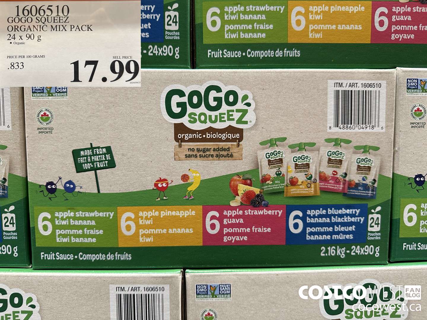 1606510 GOGO SQUEEZ ORGANIC MIX PACK 24 X 90 G $17.99