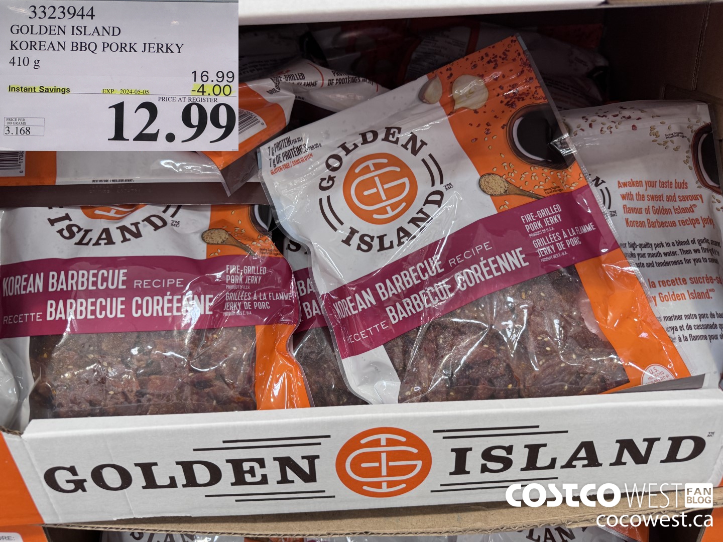 3323944 GOLDEN ISLAND KOREAN BBQ PORK JERKY 410G ($4.00 INSTANT SAVINGS EXPIRES ON 2024-05-05) $12.99