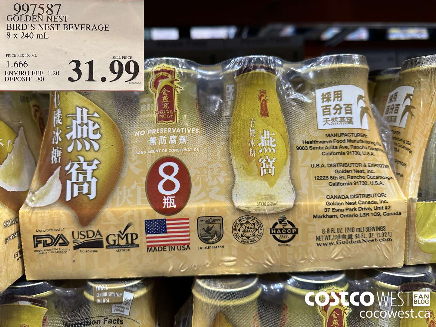 997587 GOLDEN NEST BIRD'S NEST BEVERAGE 8 x 240 mL $31.99