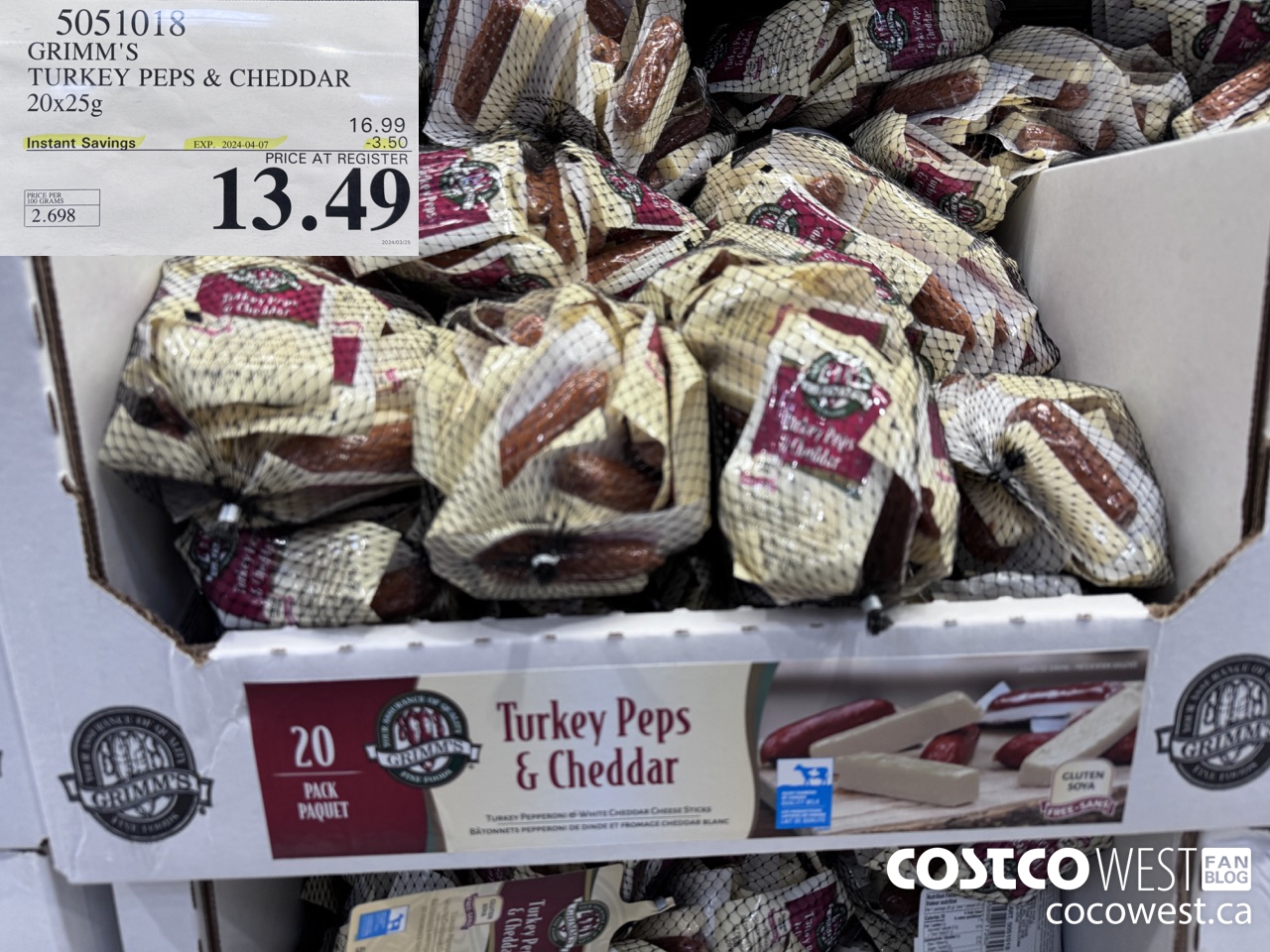 5051018 GRIMM'S TURKEY PEPS & CHEDDAR 20X25G ($3.50 INSTANT SAVINGS EXPIRES ON 2024-04-07) $13.49