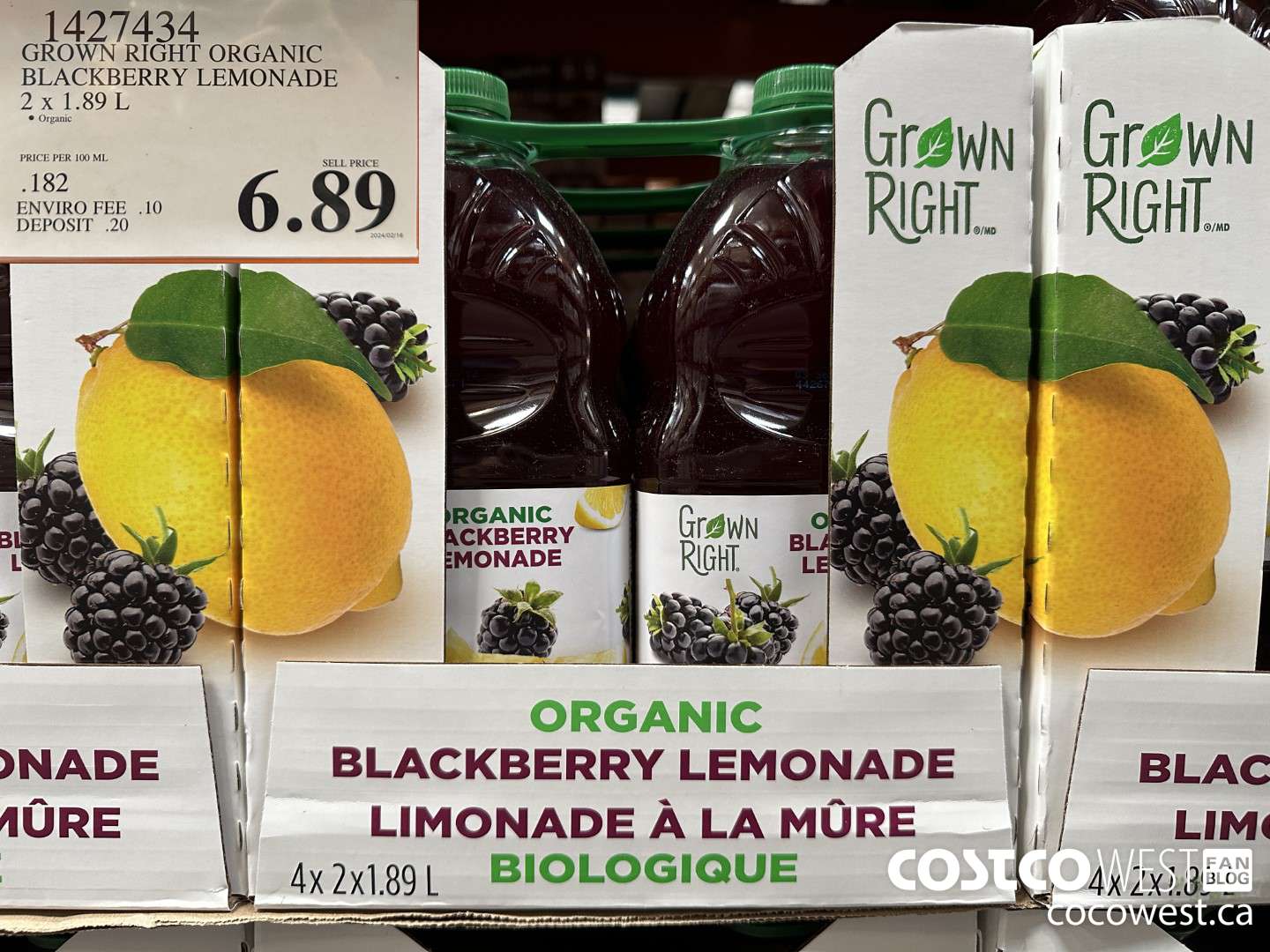 1427434 GROWN RIGHT ORGANIC BLACKBERRY LEMONADE 2 X 1.89L $6.89