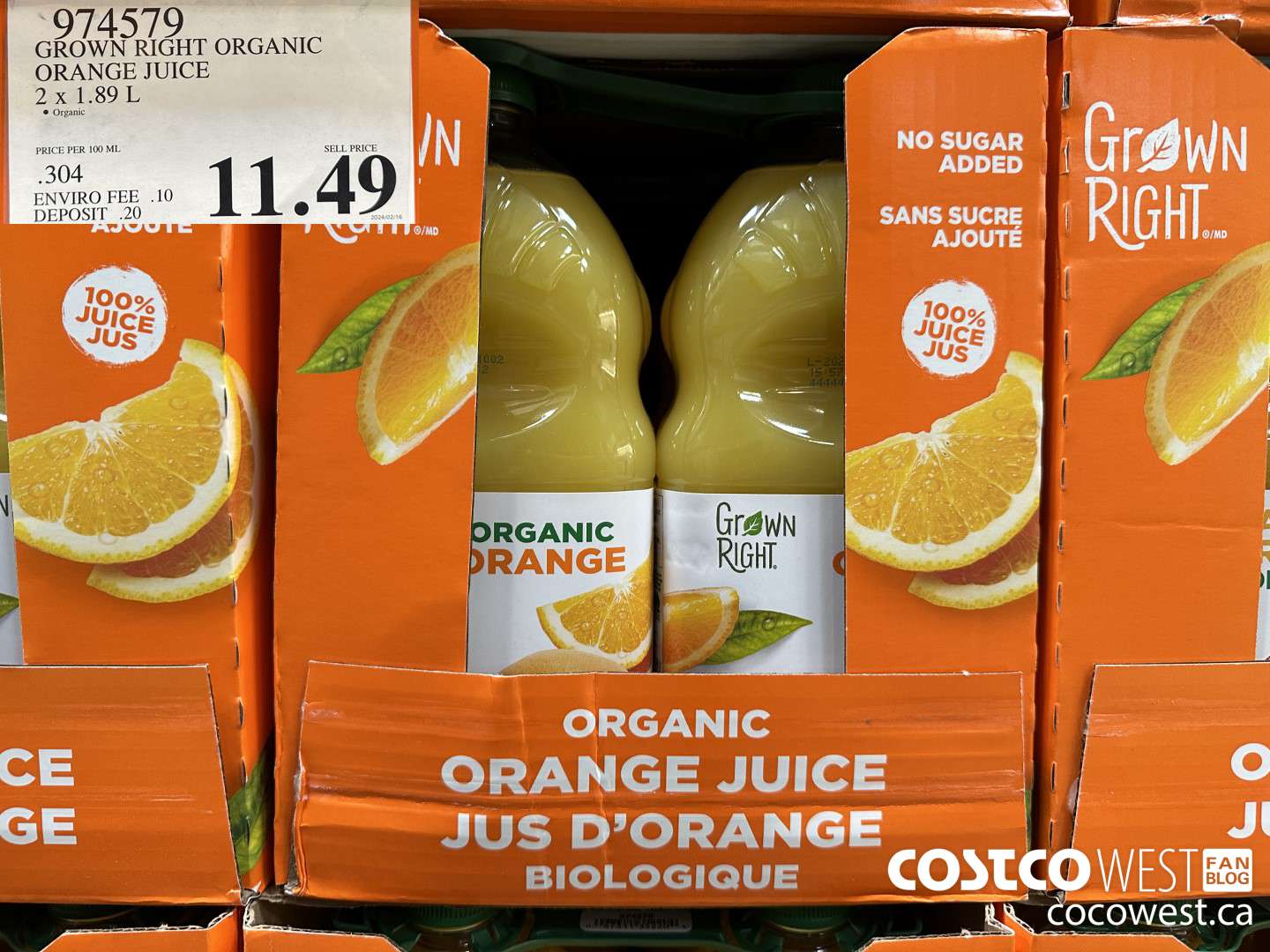 974579 GROWN RIGHT ORGANIC ORANGE JUICE 2 x 1.89 L $11.49