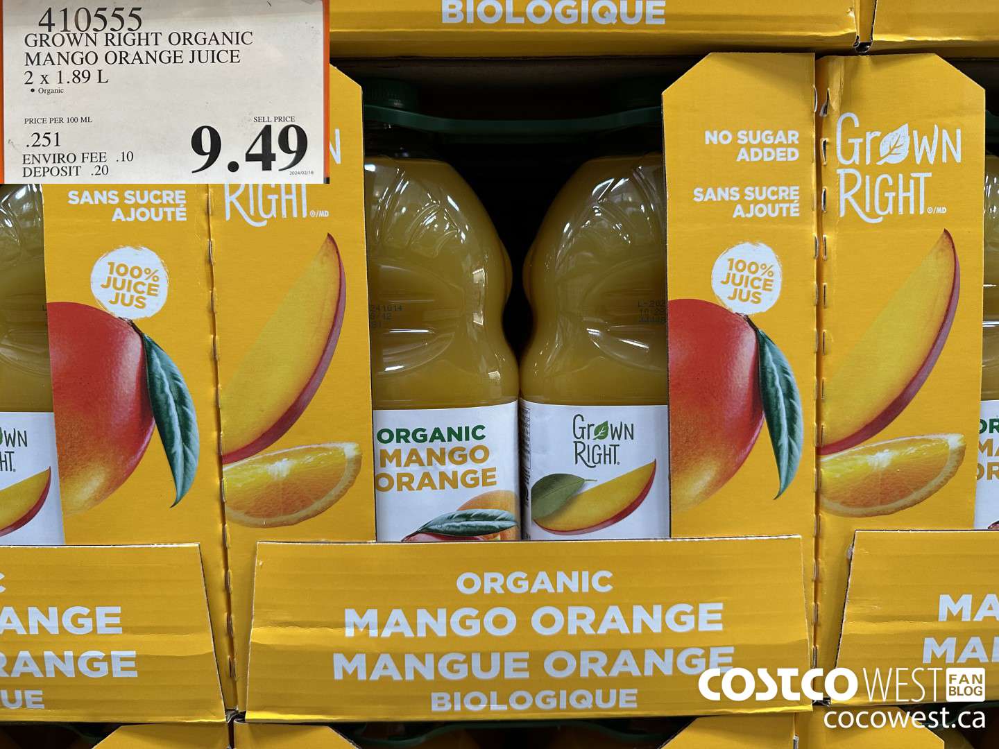 410555 GROWN RIGHT ORGANIC MANGO ORANGE JUICE 2 X 1.89L $9.49