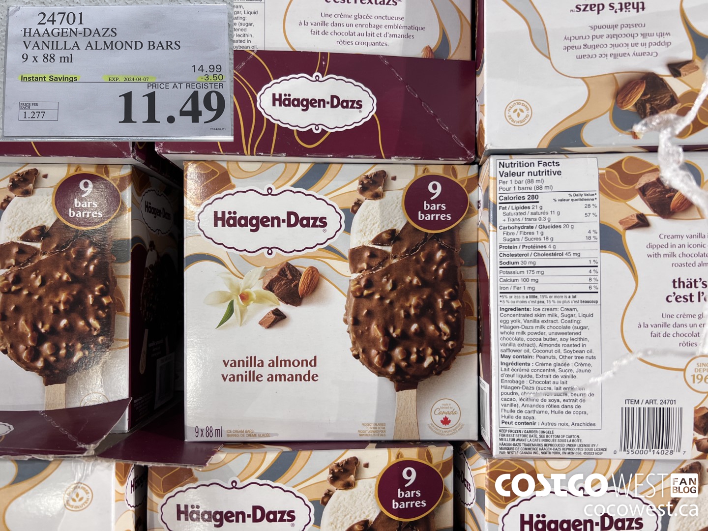 24701 HAAGEN-DAZS VANILLA ALMOND BARS 9 x 88 ml ($3.50 INSTANT SAVINGS EXPIRES ON 2024-04-07) $11.49