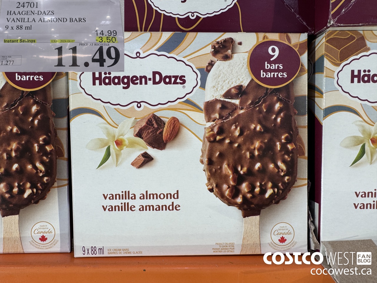 24701 HAAGEN-DAZS VANILLA ALMOND BARS 9 x 88 ml ($3.50 INSTANT SAVINGS EXPIRES ON 2024-04-07) $11.49