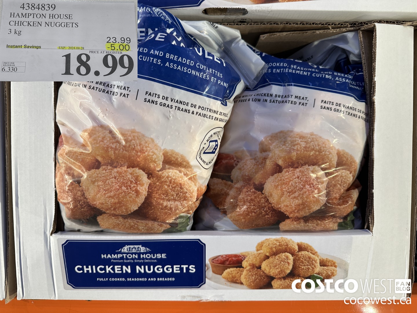 4384839 HAMPTON HOUSE CHICKEN NUGGETS 3 kg ($5.00 INSTANT SAVINGS EXPIRES ON 2024-04-28) $18.99
