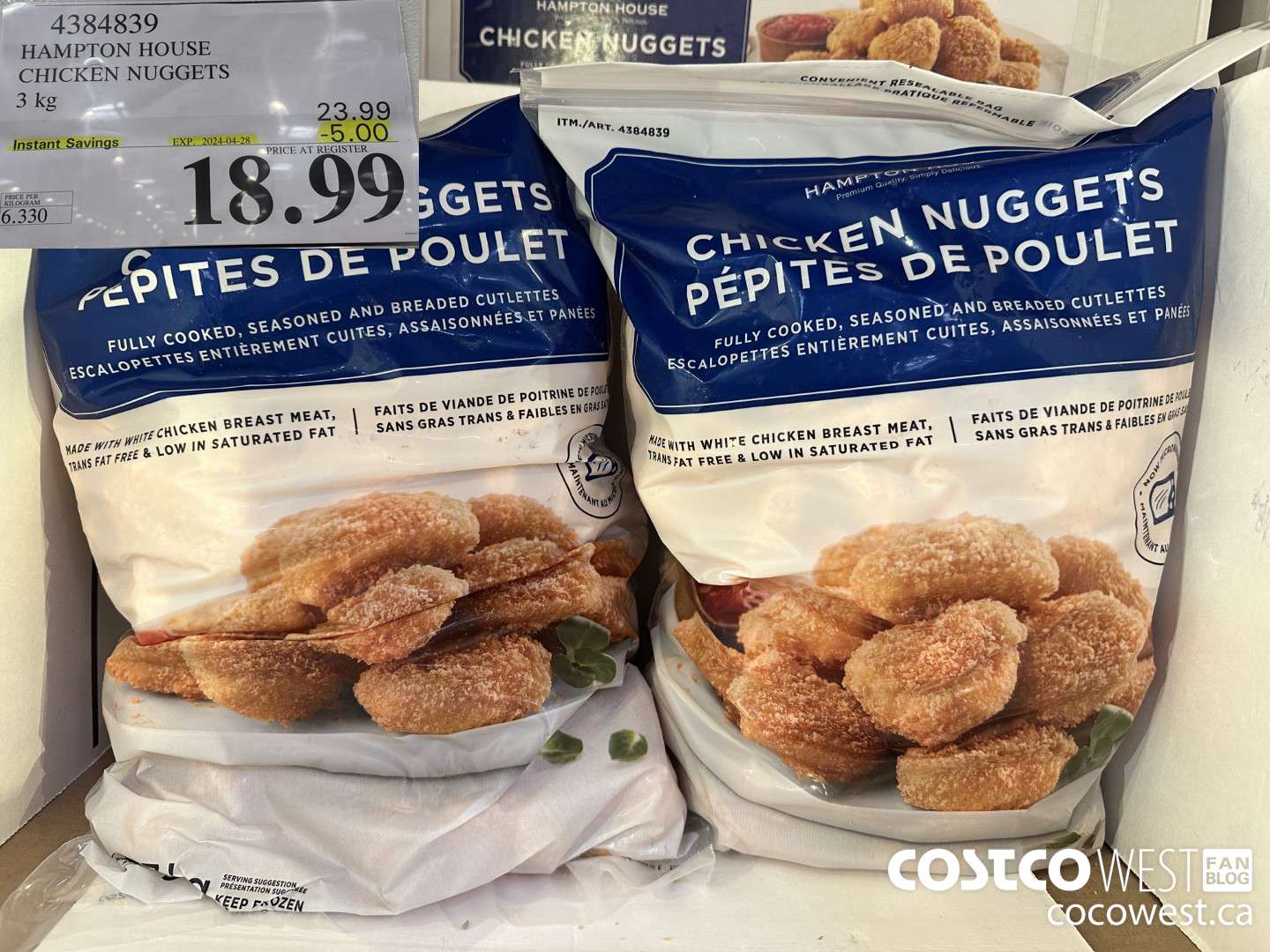 4384839 HAMPTON HOUSE CHICKEN NUGGETS 3 kg ($5.00 INSTANT SAVINGS EXPIRES ON 2024-04-28) $18.99