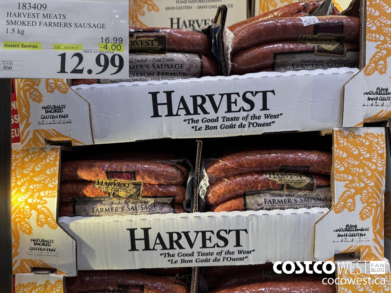 183409 HARVEST MEATS SMOKED FARMERS SAUSAGE 1.5 kg ($4.00 INSTANT SAVINGS EXPIRES ON 2024-04-07) $12.99