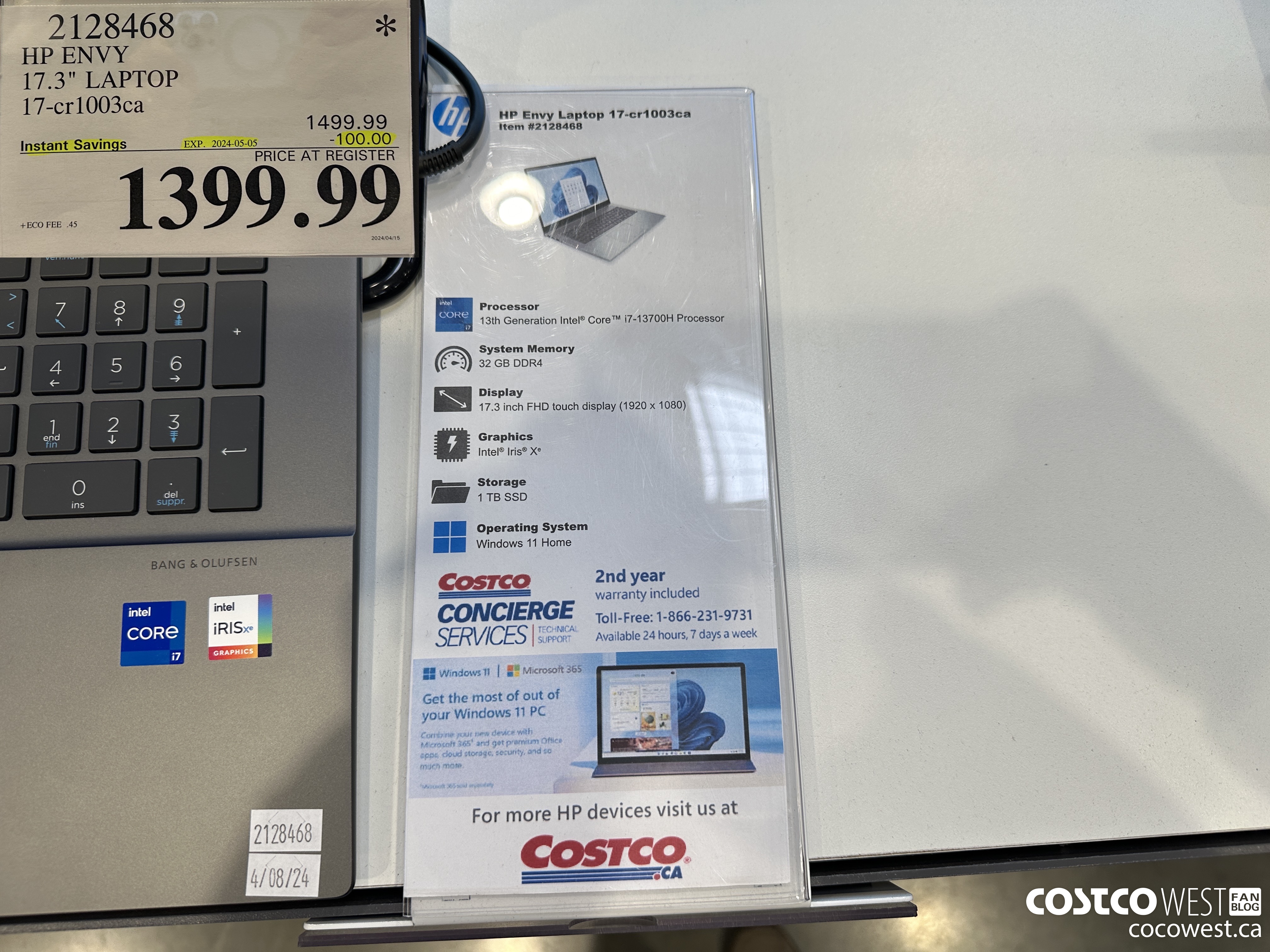 2128468 HP ENVY 17.3IN LAPTOP COMPUTER 17-CR1003CA ($100.00 INSTANT SAVINGS EXPIRES ON 2024-05-05) $1399.99