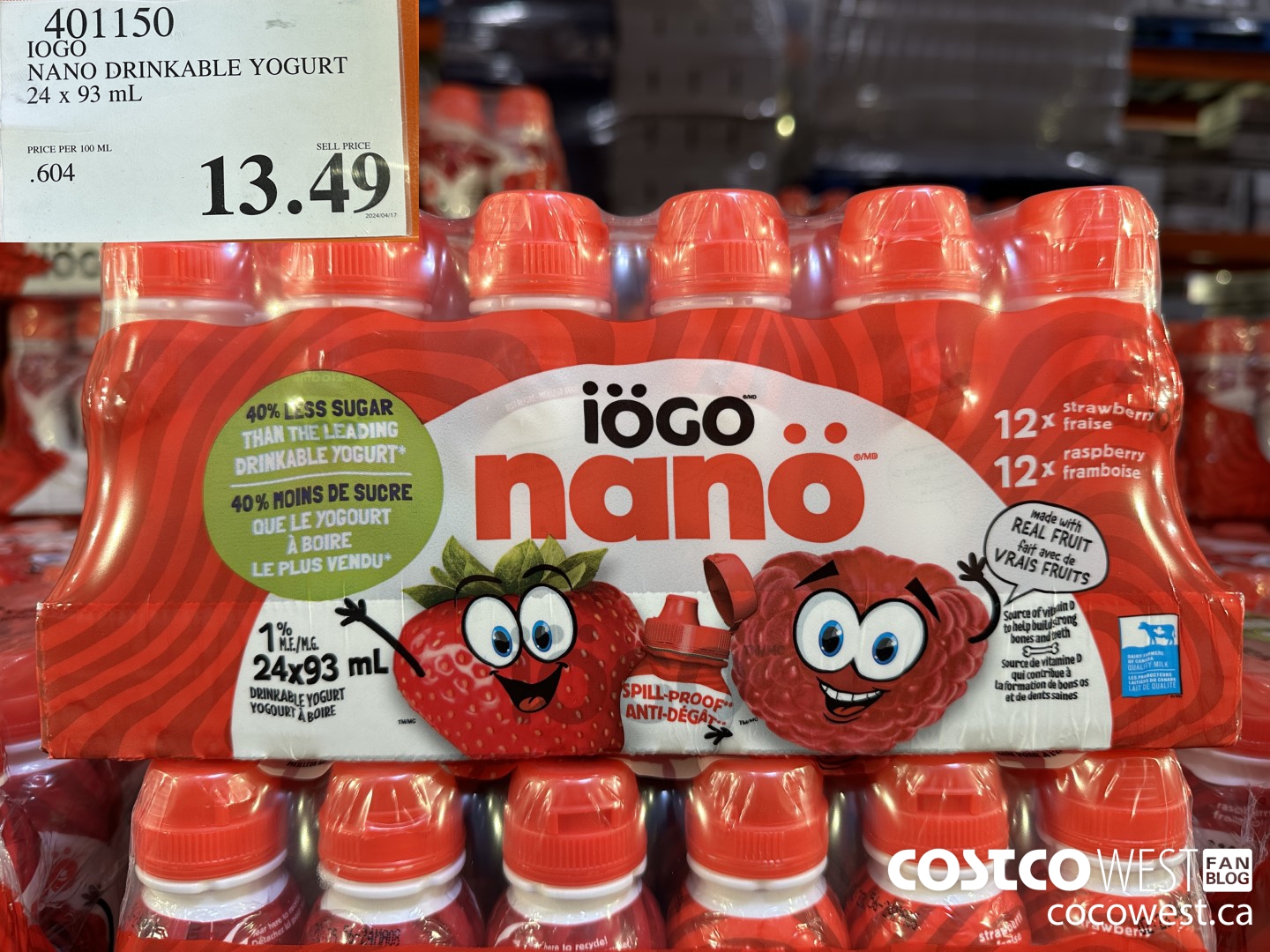 401150 IOGO NANO DRINKABLE YOGURT 24 x 93 mL $13.49