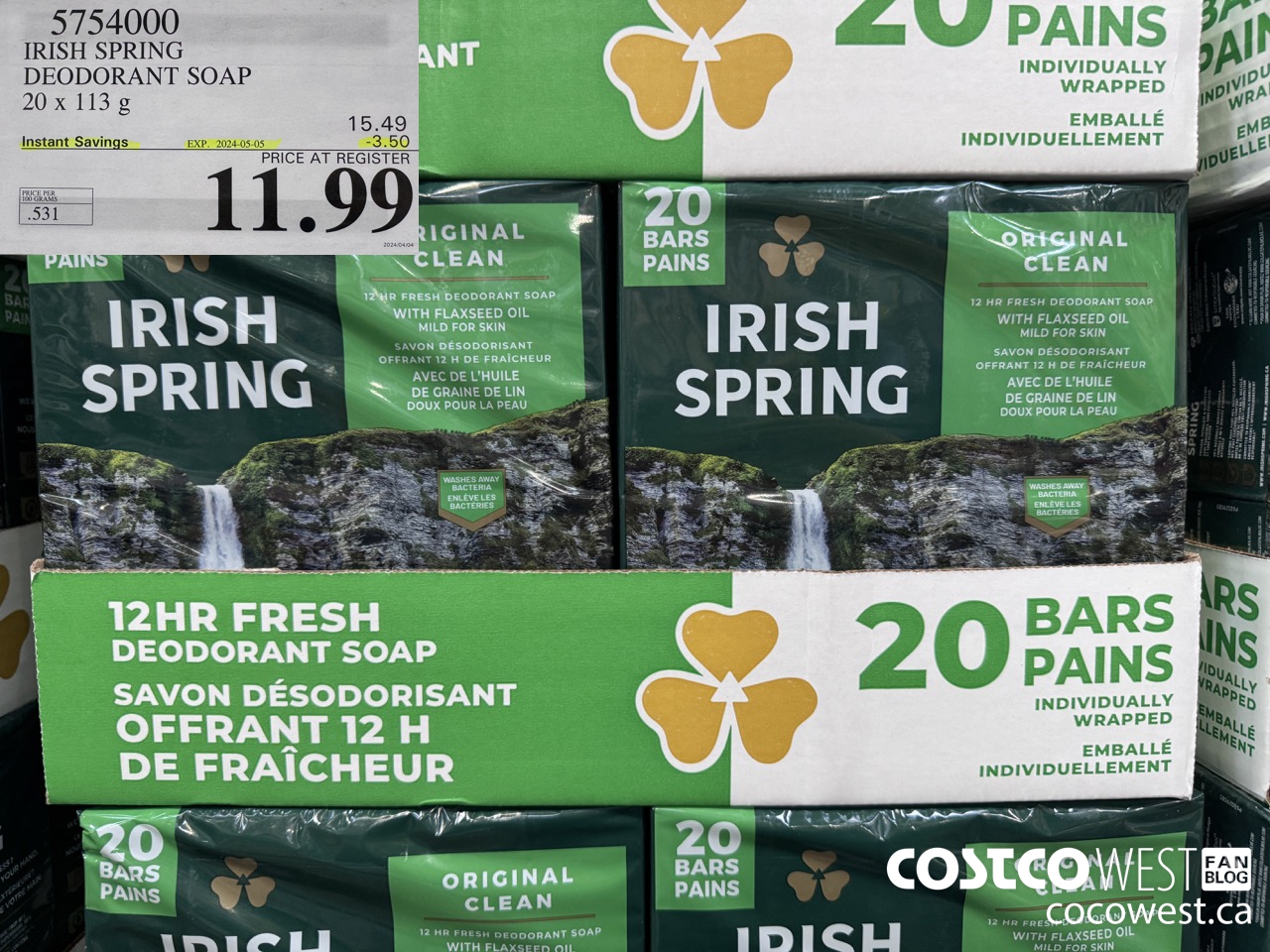 5754000 IRISH SPRING DEODORANT SOAP 20 x 113 g ($3.50 INSTANT SAVINGS EXPIRES ON 2024-05-05) $11.99