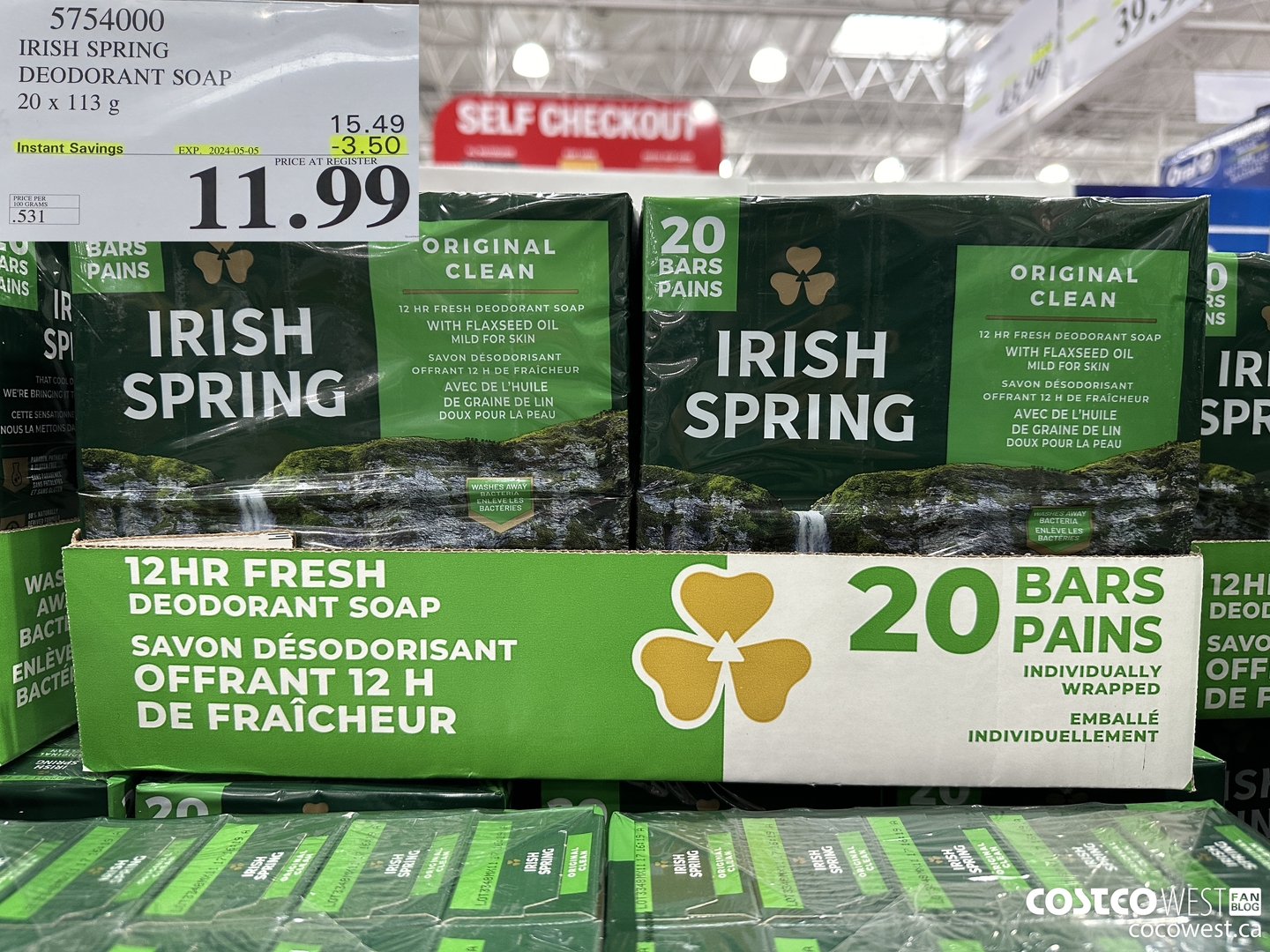 5754000 IRISH SPRING DEODORANT SOAP 20 x 113 g ($3.50 INSTANT SAVINGS EXPIRES ON 2024-05-05) $11.99