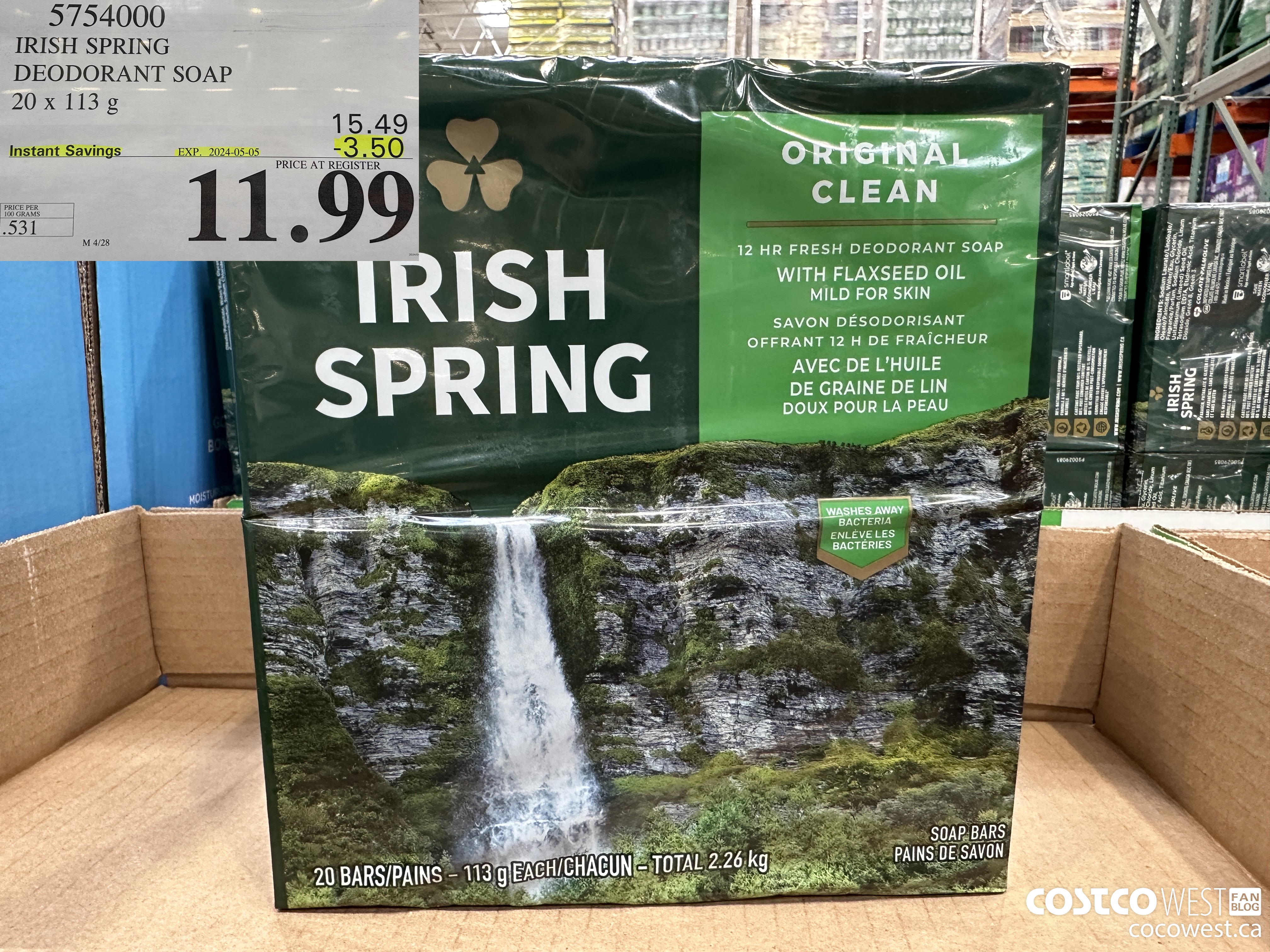 5754000 IRISH SPRING DEODORANT SOAP 20 x 113 g ($3.50 INSTANT SAVINGS EXPIRES ON 2024-05-05) $11.99