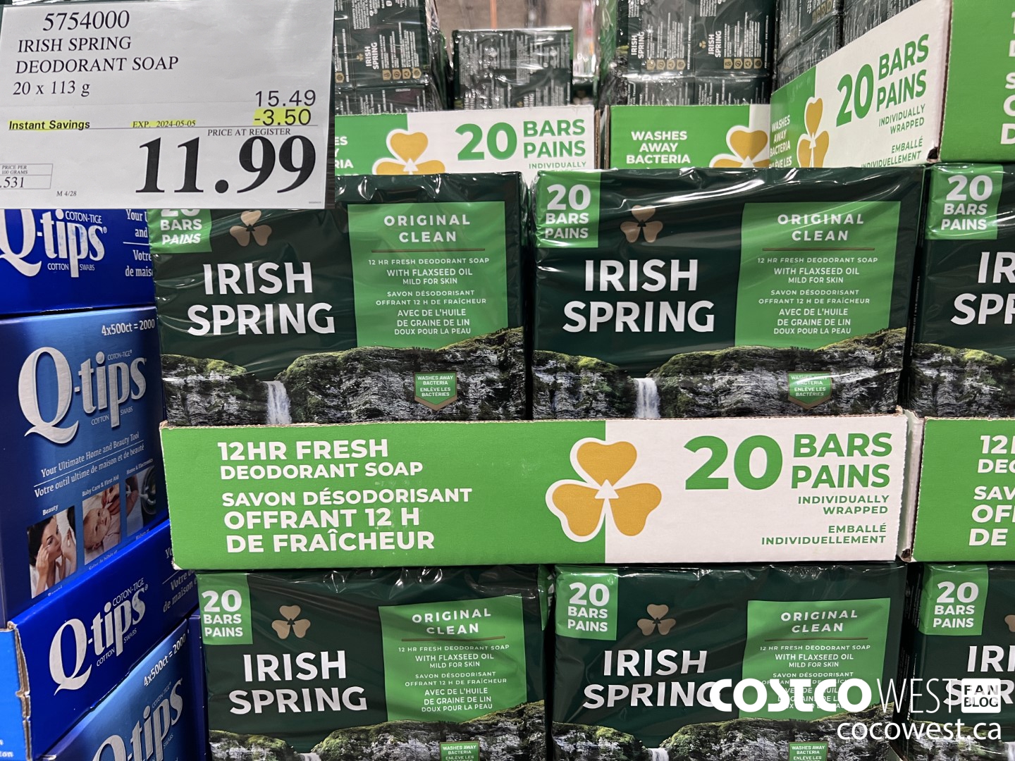 5754000 IRISH SPRING DEODORANT SOAP 20 x 113 g ($3.50 INSTANT SAVINGS EXPIRES ON 2024-05-05) $11.99