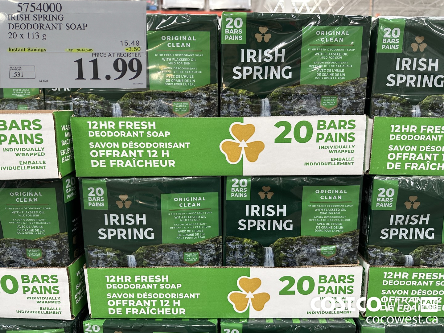5754000 IRISH SPRING DEODORANT SOAP 20 x 113 g ($3.50 INSTANT SAVINGS EXPIRES ON 2024-05-05) $11.99