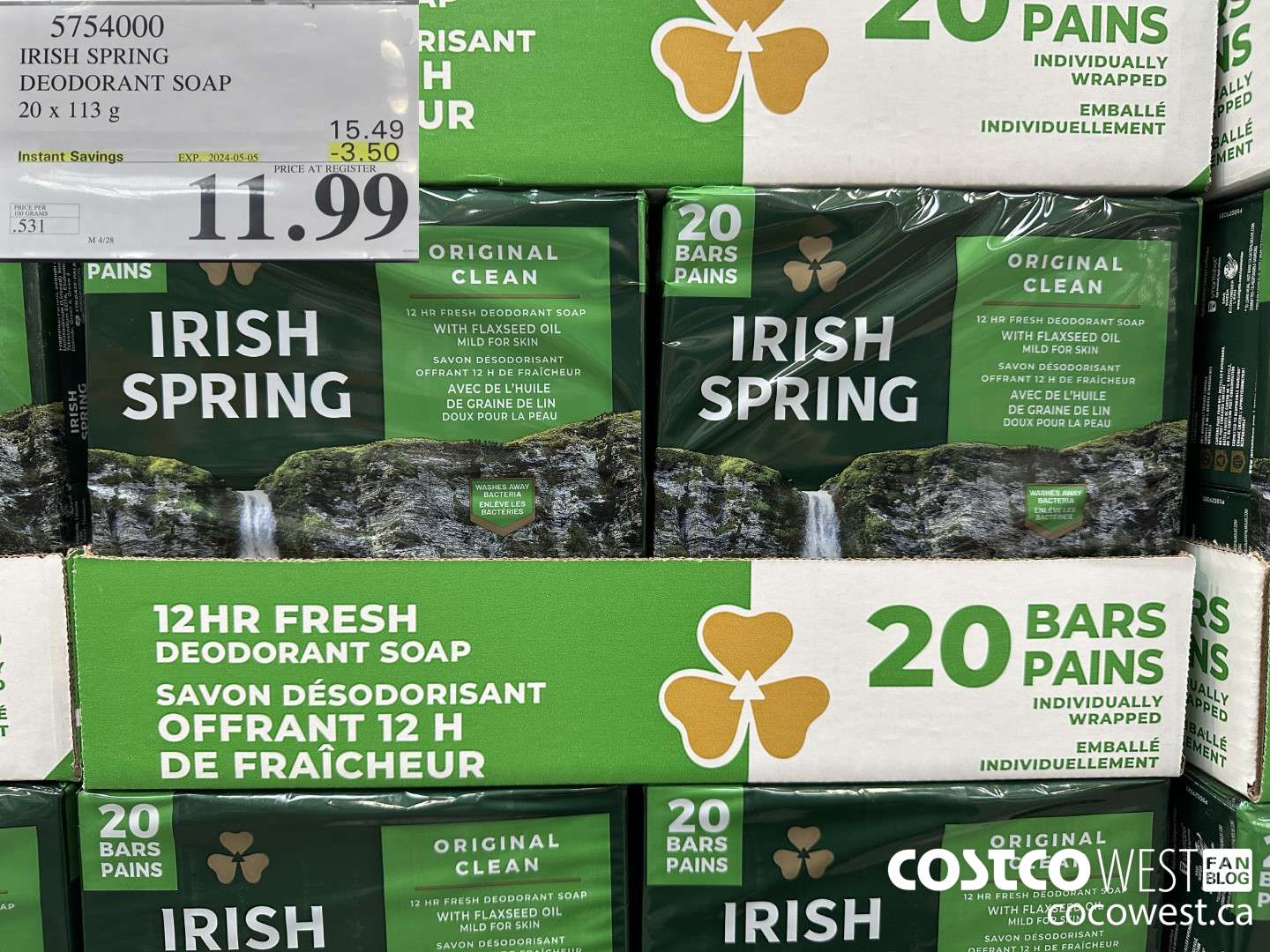5754000 IRISH SPRING DEODORANT SOAP 20 x 113 g ($3.50 INSTANT SAVINGS EXPIRES ON 2024-05-05) $11.99