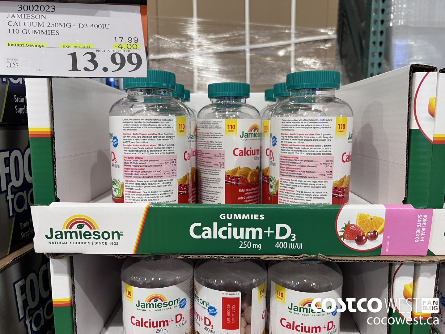 3002023 JAMIESON CALCIUM 250MG + D3 400IU 110 GUMMIES ($4.00 INSTANT SAVINGS EXPIRES ON 2024-04-14) $13.99