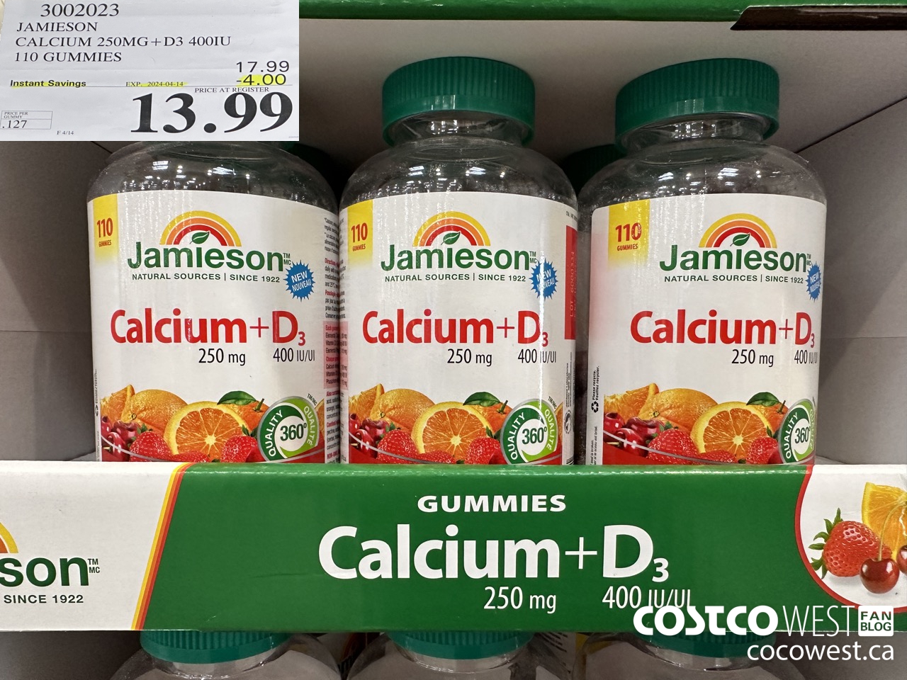 3002023 JAMIESON CALCIUM 250MG + D3 400IU 110 GUMMIES ($4.00 INSTANT SAVINGS EXPIRES ON 2024-04-14) $13.99