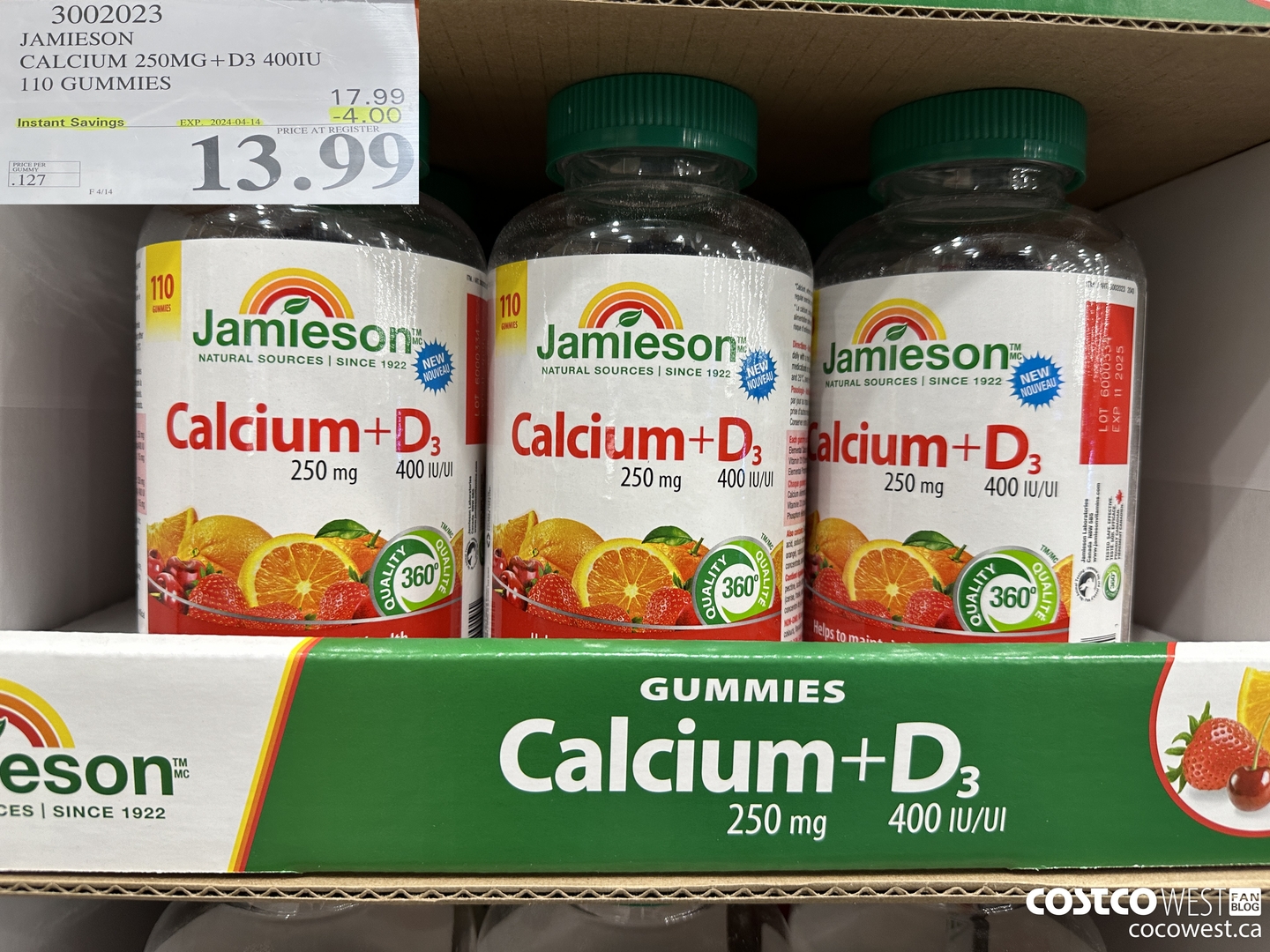 3002023 JAMIESON CALCIUM 250MG + D3 400IU 110 GUMMIES ($4.00 INSTANT SAVINGS EXPIRES ON 2024-04-14) $13.99