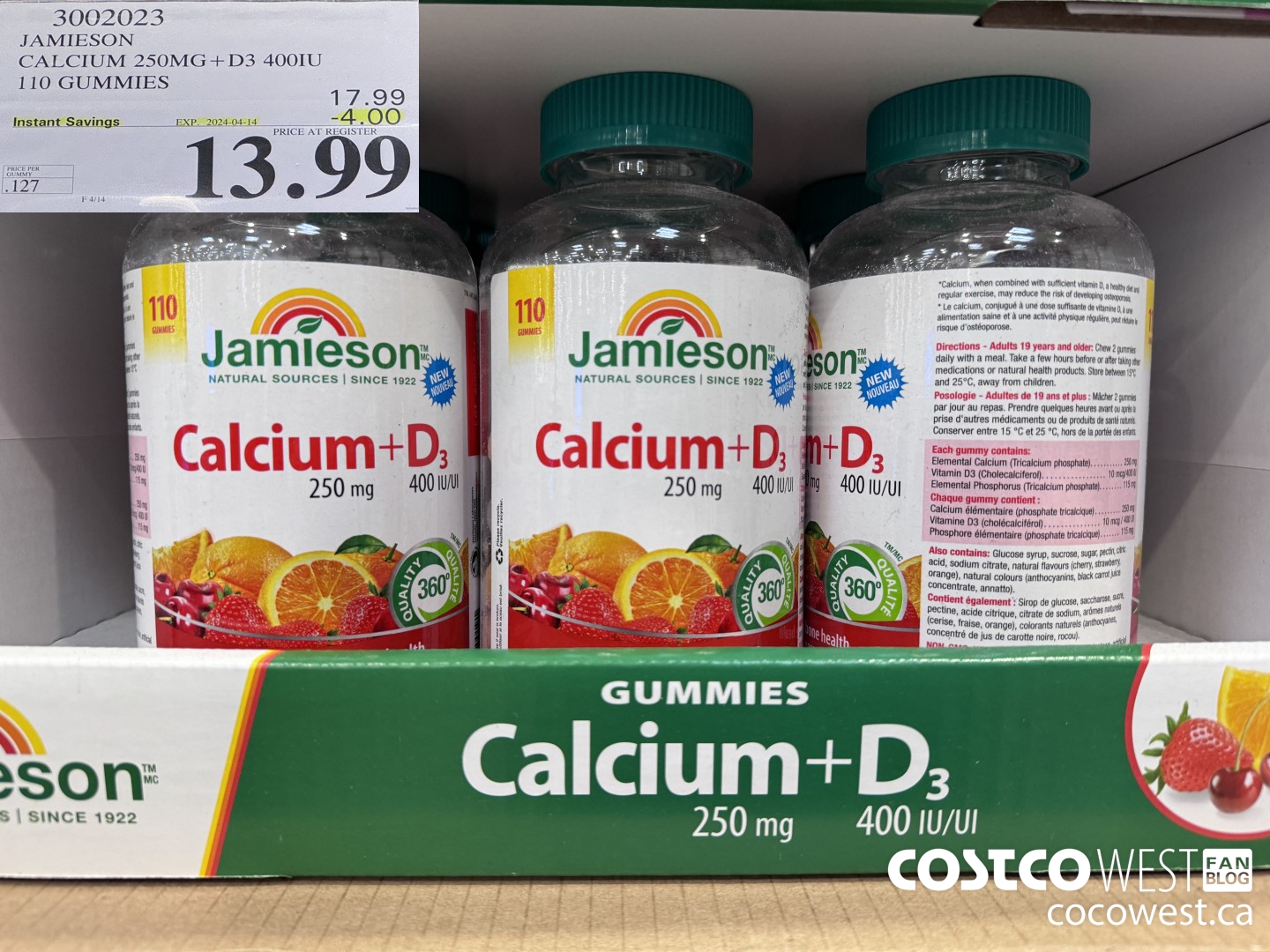 3002023 JAMIESON CALCIUM 250MG + D3 400IU 110 GUMMIES ($4.00 INSTANT SAVINGS EXPIRES ON 2024-04-14) $13.99