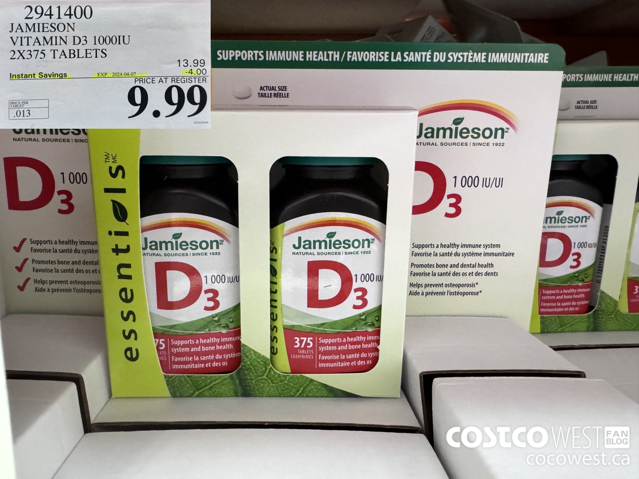 2941400 JAMIESON VITAMIN D3 1000IU 2X375 TABLETS ($4.00 INSTANT SAVINGS EXPIRES ON 2024-04-07) $9.99