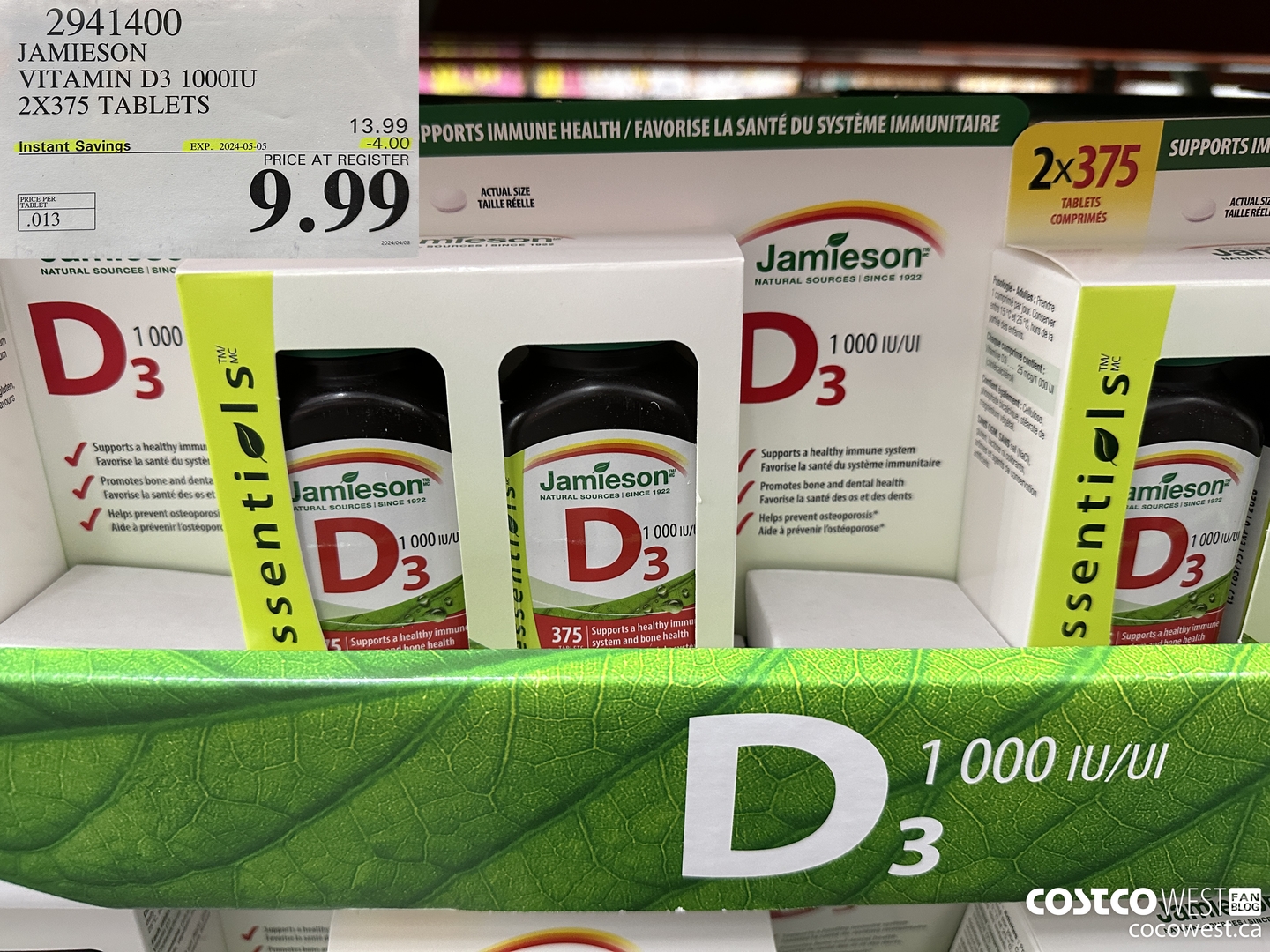 2941400 JAMIESON VITAMIN D3 1000IU 2X375 TABLETS ($4.00 INSTANT SAVINGS EXPIRES ON 2024-05-05) $9.99